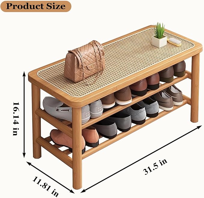 SOBIBO Bamboo Shoe Rack Bench with Rattan Seat, 3-Tier Shoe Storage Bench, Entryway Bench for Hallway，Nature-31.5 inches