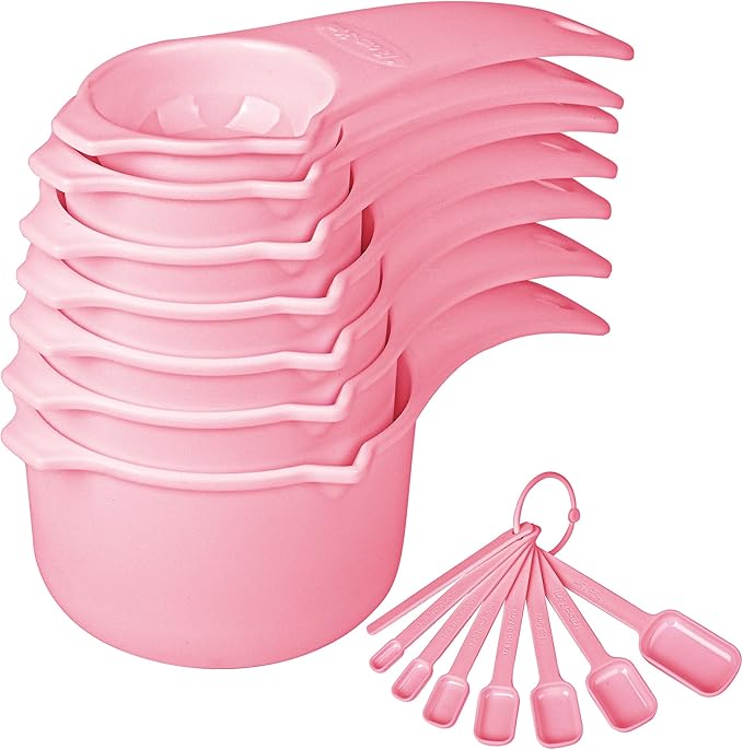 Plastic Measuring Cups and Spoons Set 15, Metric & US Pink Measuring Cups and Spoons for Kitchen & Baking, 7 Measure Cup & 7 Measure Spoon with Leveler for Dry & Liquid