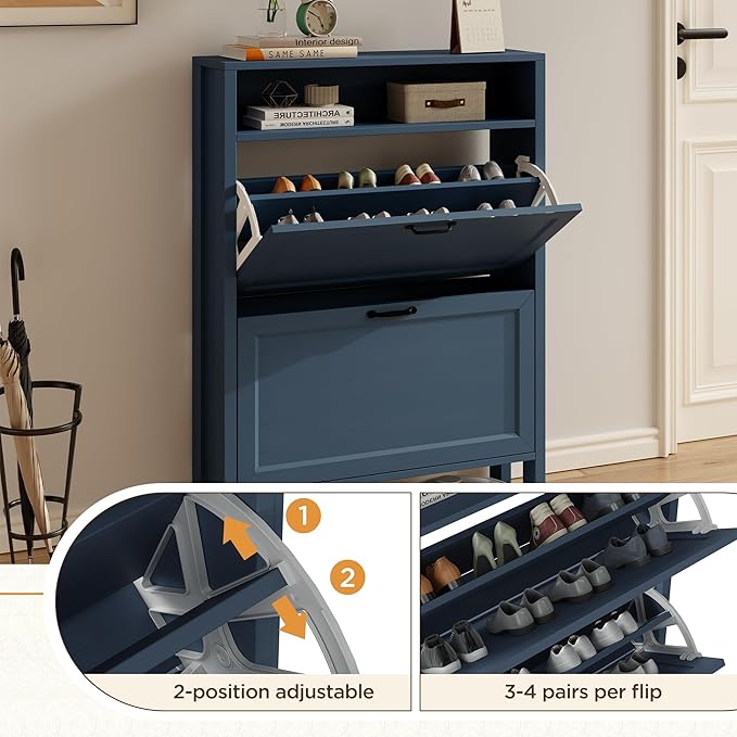 LOUVIXA Shoe Cabinet with 2 Flip Drawers, Narrow Shoe Storage Cabinet, Freestanding Shoe Cabinet Organizer, Hidden Shoe Rack Cabinet for Entryway, Hallway (2-Drawers, Blue)
