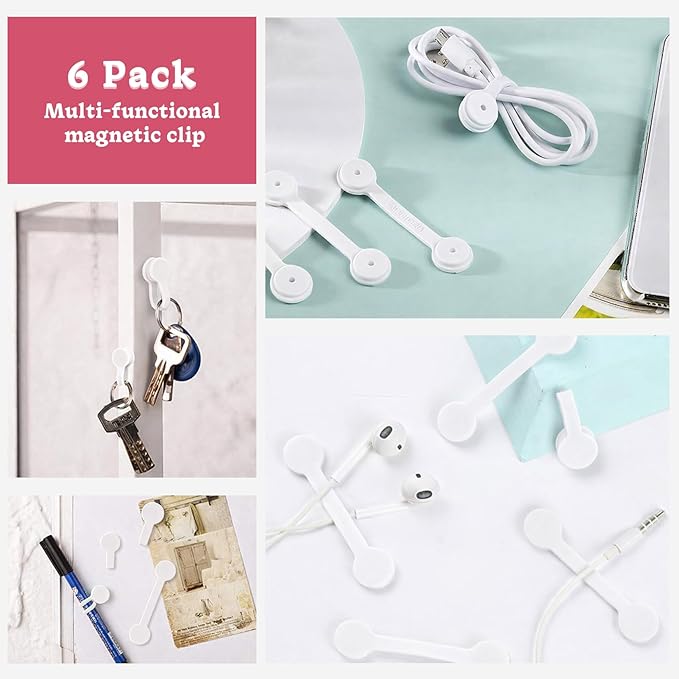 Viaky 6PCS Silicone Cable Straps Reusable Twist Noticeboard Fridge Magnets Ties Earbuds Cord Winder Wrap Bookmark Clips Wire Organizer In Office, Home, School, Kitchen (White)