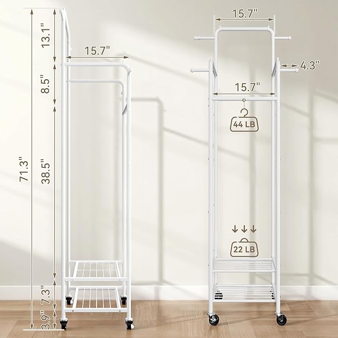 Clothing Rack with Wheels, 71" Portable Rolling Clothes Rack with 2 Shelves and 4 Hanging Rods, Small Garment Rack with 4 Hooks, Sturdy Metal Coat Rack for Bedroom, Laundry Room, White