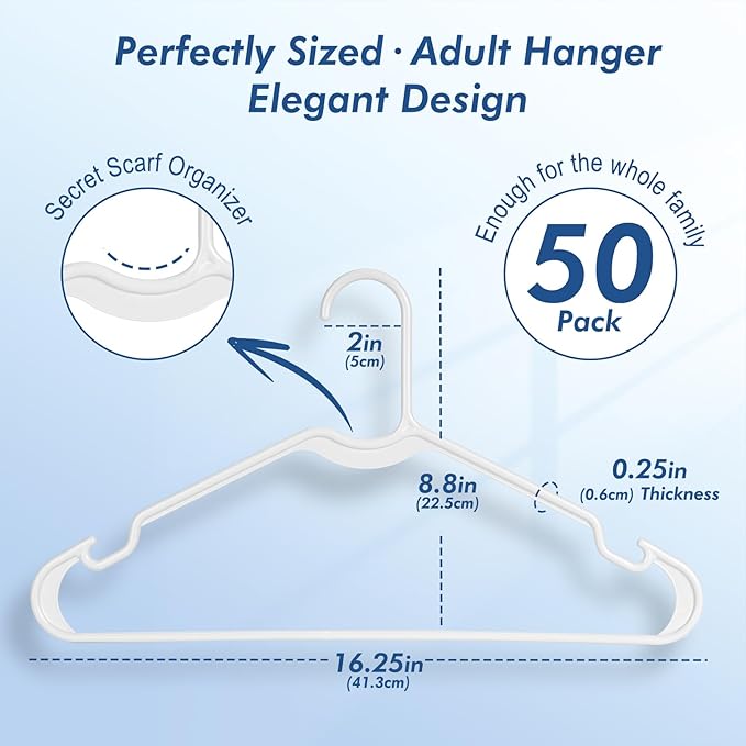 HOUSE DAY White Plastic Hangers 50 Pack, 16.25" Slim Hangers with Non-Slip Extended Notch, Perfect for Plus Size & Curvy Fits, Closet Organization Essential, Space Saving for Dorm Apartment Home