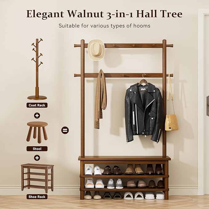 Hall Tree with Shoe Storage Bench, 3-in-1 Entryway Coat Rack with Bench, 11 Hooks, Freestanding Wooden Entryway Organizer for Mudroom, 35" Long