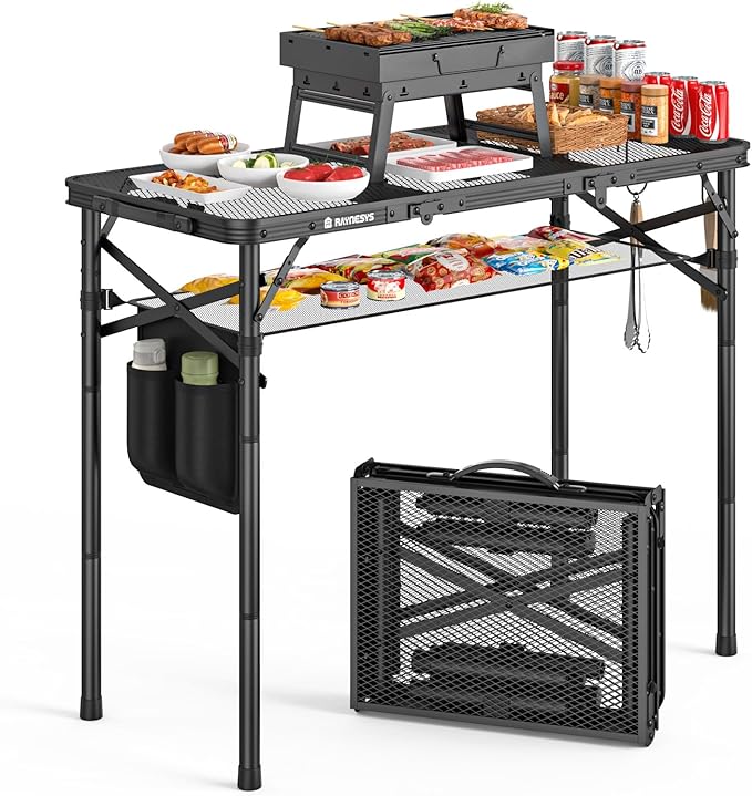 Raynesys Tri-fold Camping Table, 35.43"x15.75", Aluminum Frame Folding Tables, 3 Heights Adjustable Grill Table with Storage Bag, Portable Handle for Picnic Cooking BBQ Camping Outdoor, Black