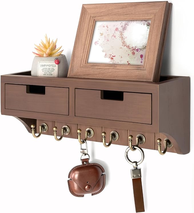 Rebee Vision Key and Mail Holder Wall Mount with 2 Drawer Organizer : Farmhouse Key Holder for Wall with 6 Key Hooks and Shelf - Rustic Home Decor for Apartment Essentials (Vintage Brown)
