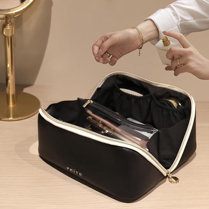 Prite Makeup Bag for Women Travel Waterproof Vegan Leather Cosmetic Bag Open Flat Toiletry Bag With Clear Divider and Handle (Black, Medium)