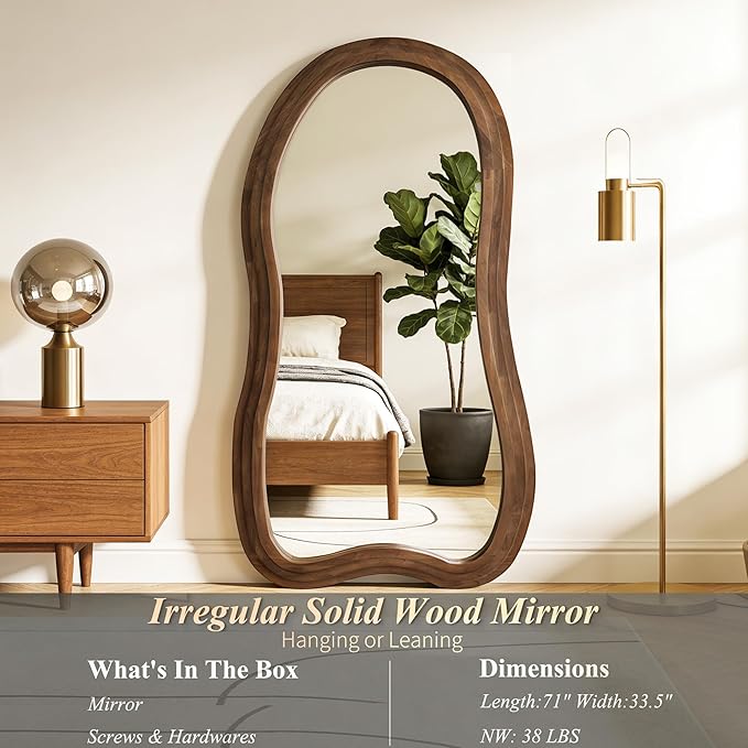 Irregular Full Length Mirror, 71"x33.5" Oversized Organic Floor Mirror with Triple-Layer Solid Wood Frame, Asymmetrical Full Body Mirrors for Living Room Entryway Hallway, Leaning/Hanging