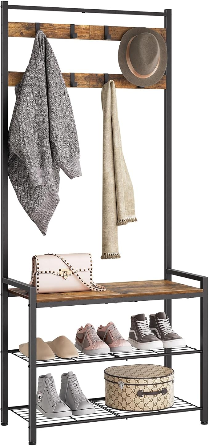 YATINEY Hall Tree, Coat Rack with Shoe Bench, Entryway Bench with Shoe Storage, Multifunctional Entryway Storage Organizer, Metal Frame and 8 Movable Hooks, for Hallway, Rustic Brown MT01BR