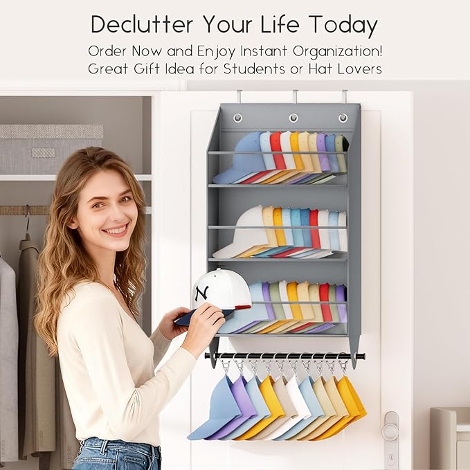 Homsorout Over the Door Hat Rack - 3-Layer Design Hat Organizer Holds 30-36 Hats with 10 Hooks, Ideal Hat Rack for Door, Over the Door Organizer for Closet, Apartment, Bedroom, Dorm, 1 Pack, Grey