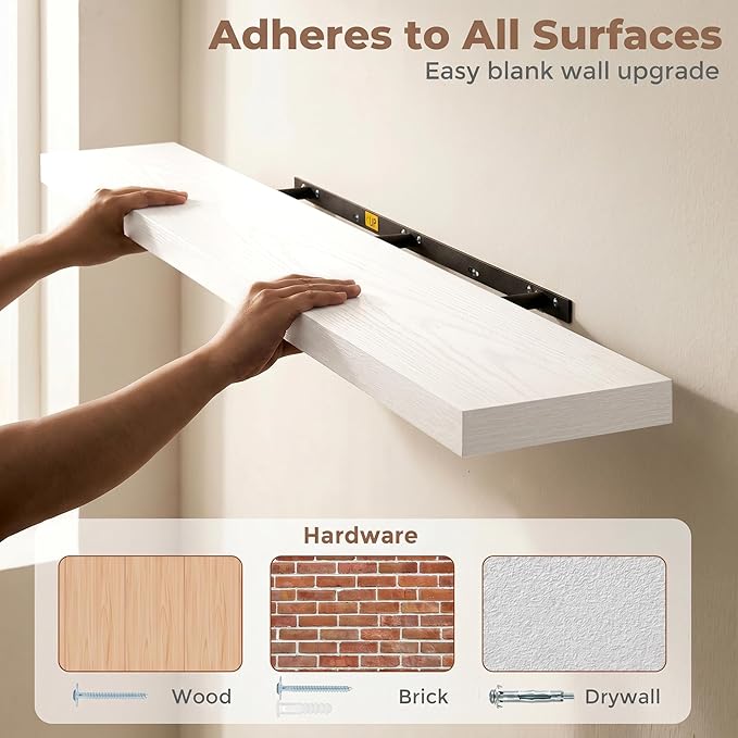 Venusmiles Floating Shelves for Wall, 48 Inch Floating Shelves Set of 2, 6.5" D Wooden Wall Mounted Display Shelves with Invisible Brackets for Living Room, Bedroom, Bathroom, Kitchen Decor, White