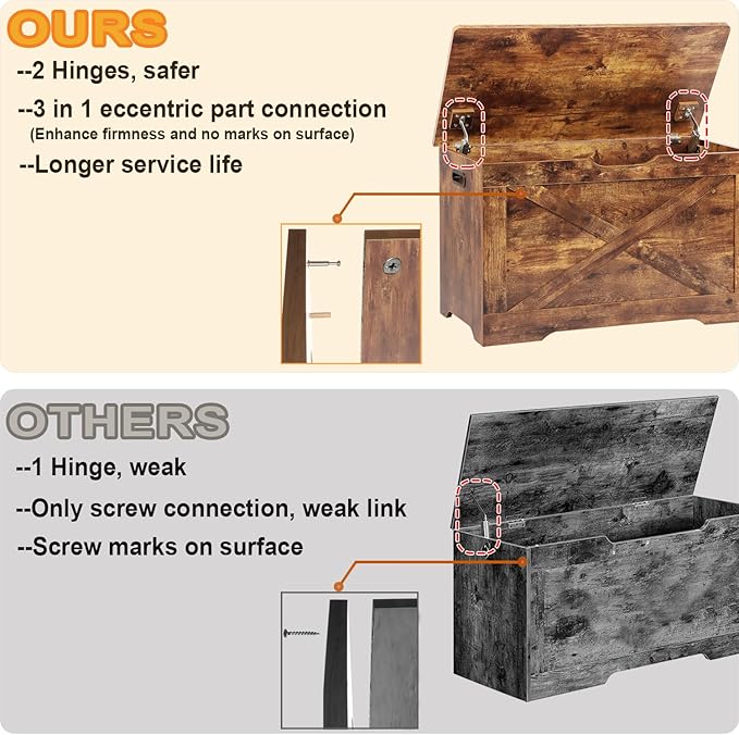 Timberer Storage Chest, Wooden Storage Bench, Entryway Shoes Bench with 2 Safety Hinges, Retro Storage Trunk for Living Room, Bedroom, 15.7 x 31.5 x 18.9 Inches, Rustic Brown