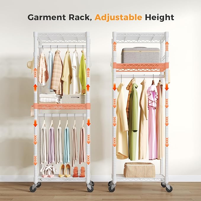 NEWBULIG Heavy Duty Adjustable Clothes Rack with Wheels, Adjustable Rolling Metal Freestanding Garment Closet Organizer with Double Rods & 2 Side Hooks for Hanging Clothes, 23" x 15" x 75", White