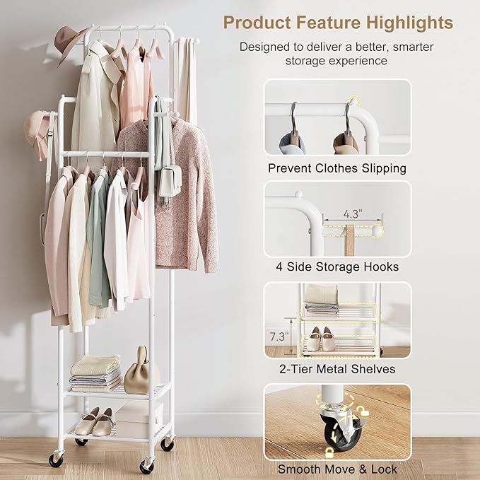 Clothing Rack with Wheels, 71" Portable Rolling Clothes Rack with 2 Shelves and 4 Hanging Rods, Small Garment Rack with 4 Hooks, Sturdy Metal Coat Rack for Bedroom, Laundry Room, White