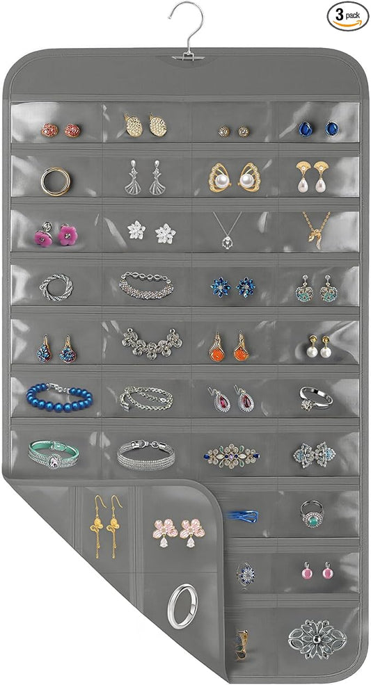 3 Pack Hanging Jewelry Organizer, 80 Clear Pockets earring organizer and storage, Accessories holder organizer for Closet, Jewelries, Necklace, Travel