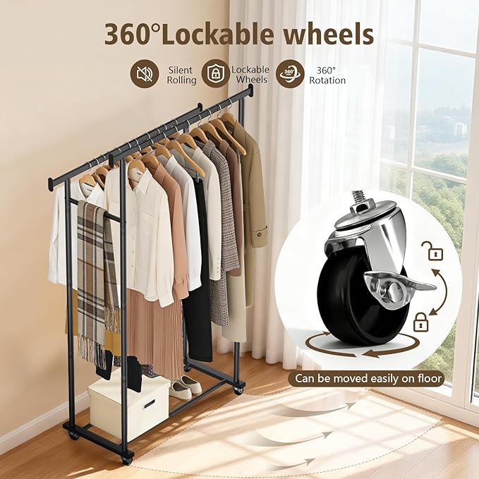 Clothes Rack,Rolling Clothing Rack for Hanging Clothes, Garment Rack Sturdy Clothing Rack Portable Wardrobe Rack Metal Closet Rack for Bedroom Laundry Living Room, Black