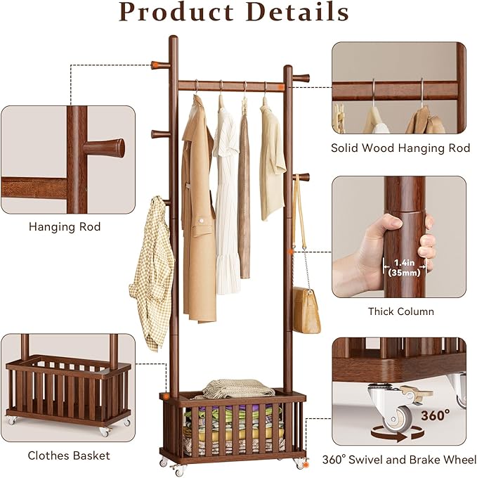 Taitiy Solid Wood Coat Rack Clothes Rack, Coat Rack Freestanding with Storage Basket and 5 Hooks, Heavy Duty Coat Tree for Entryway, Living room, Coat Hanger Stand for Hats, Bags Clothes