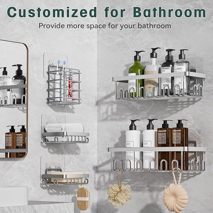 5-Pack Adhesive Shower Caddy, Rustproof Stainless Steel Organizer for Bathroom Storage with Large Capacity, No Drilling Bathroom Caddy with Soap Toothbrush Holder for Kitchen Home Silver