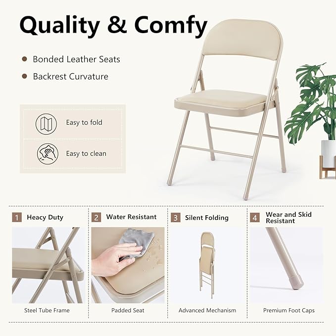 DUMOS 10 Pack Leather Padded Folding Chair, Indoor Outdoor Portable Stackable Commercial Seat with Steel Frame, Capacity for Home, Office, Party, Comfy, Kahki
