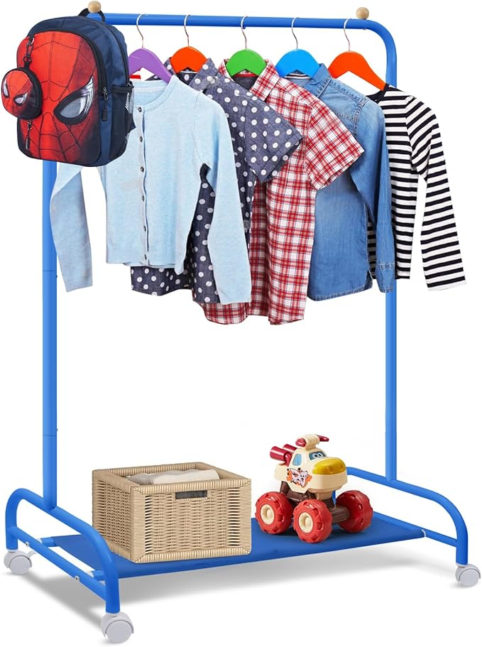 YGJT Kids Clothing Rack, Baby Clothes Rack for Hanging Clothes with Wheels and Bottom Storage Shelf, Small Toddler Garment Rack Kids Dress Up Storage Rack for Coats, Skirts, Dance Costume(Blue)