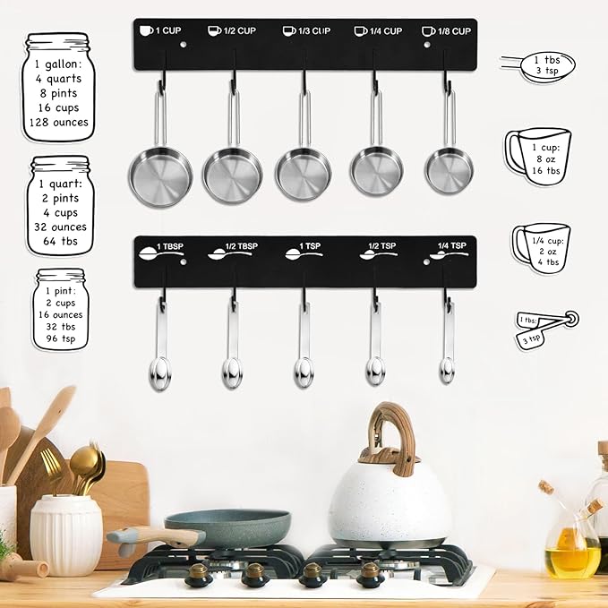 Premium Measuring Cups and Spoons Hanging Rack with stick, Measuring Cup Organizer Rack Suitable for Kitchen Hanging Cups and Spoons, Including Screw and Adhesive Mounting (Stickers+Measuring)