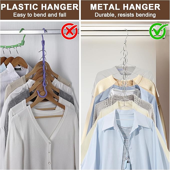 Space Saving Hangers, 8 Pack Metal Clothing Chain Hangers with 7 Holes, Closet Organizer & Cascading Hanger Organizer for Dorm, Home, RV Wrinkle Reducing, Small Space Storage Solution