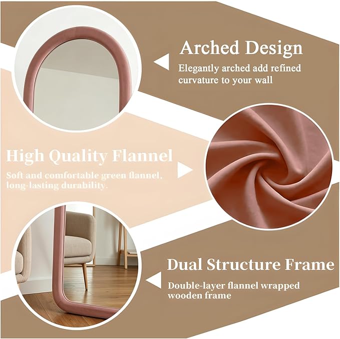 Full Length Mirror 56"x20" Arch Floor Mirror with Stand Arched Full Body Mirror Standing Hanging or Leaning Against Wall for Bedroom Flannel Wrapped Wooden Frame, Light Pink