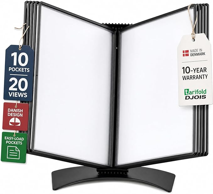 Tarifold Desktop Document Display Stand & Reference Organizer, 10 Double-Sided Polypropylene Pockets, 20 Sheet Capacity, Easy-Load Design, Letter Size, Made in Denmark, Black