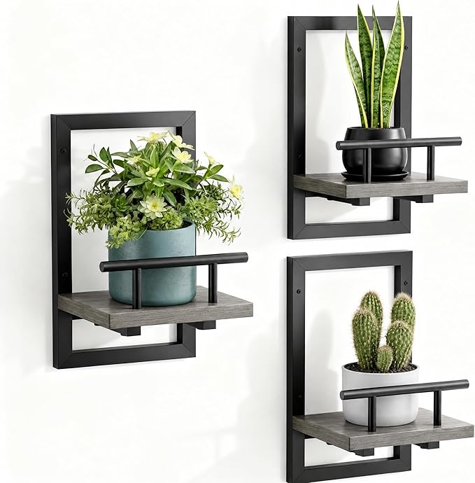 Sbosbo Floating Shelves for Wall, Plant Shelf Indoor, Wall Planters for Indoor Floating Plant Shelves for Bedroom, Living Room, Kitchen, Office, Bathroom Decor (Grey, 3 Pack)