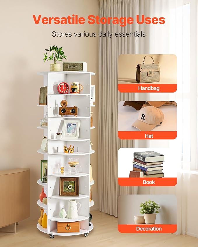 VEVOR 7 Tier Rotating Shoe Rack Tower with Adjustable Shelves, Movable 360° Spinning Carousel Display with Wheels, Lazy Susan Organizer Closet for Bedroom, Living Room, Entryway, Closet, White