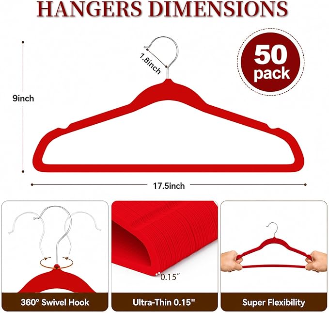 Velvet Hangers 50 Pack, Non Slip Clothes Hangers with Shoulder Notches, Slim Felt Hanger with 360° Swivel Hook, Space-Saving, for Coat, Shirt, Pants, Dress, Suits, Red