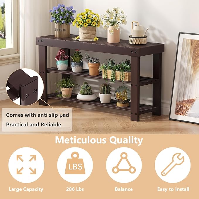 NEWBULIG Shoe Rack Bench, 3-Tier Bamboo Shoe Organizer, Wooden Entryway Storage Bench, 286 lb Load Capacity, 11.2x35.5x17.9 Inches, for Entryway Bathroom Bedroom Balcony, Brown
