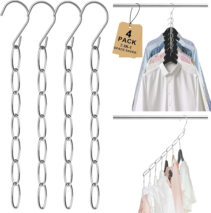 Space Saving Hangers, 4 Pack Metal 7-Loop Clothing Chain Hanger Organizer, Collapsible Closet Space Saver for Clothes, Small Closet Organizers and Storage for Dorm, Home, RV, Travel, Wrinkle Reducing