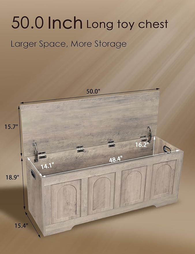 DINZI LVJ Storage Chest, 50”Extra Large Storage Bench with 2 Safety Hinges, Wooden Toy Box with Flip-Top, Large Trunk for Living Room, Playroom, Easy Assembly, Greige