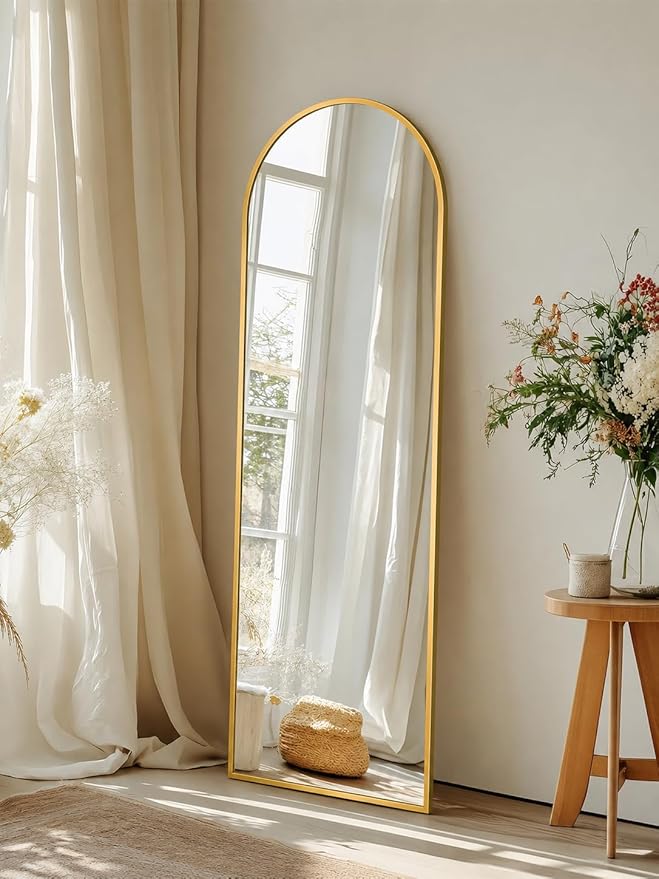 Full Length Mirror with Stand, 56"x14" Arched Full Body Mirror, Large Stand Up Aluminum Frame Floor Freestanding Hanging Leaning Mounted for Bedroom Living Room Entryway Gold