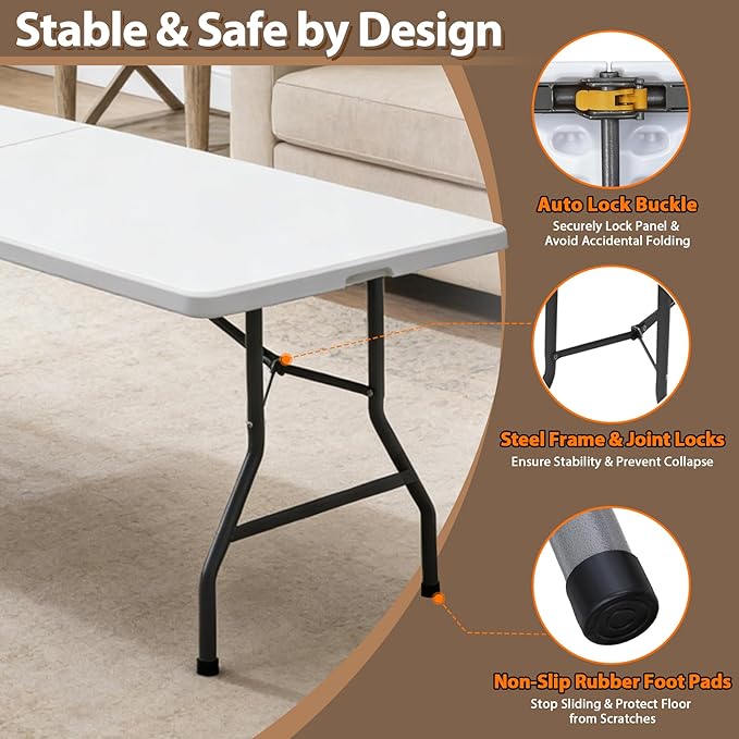 ZENY 8ft Portable Folding Table Plastic Indoor Outdoor Picnic Party Camp Dining Table with Handle, White