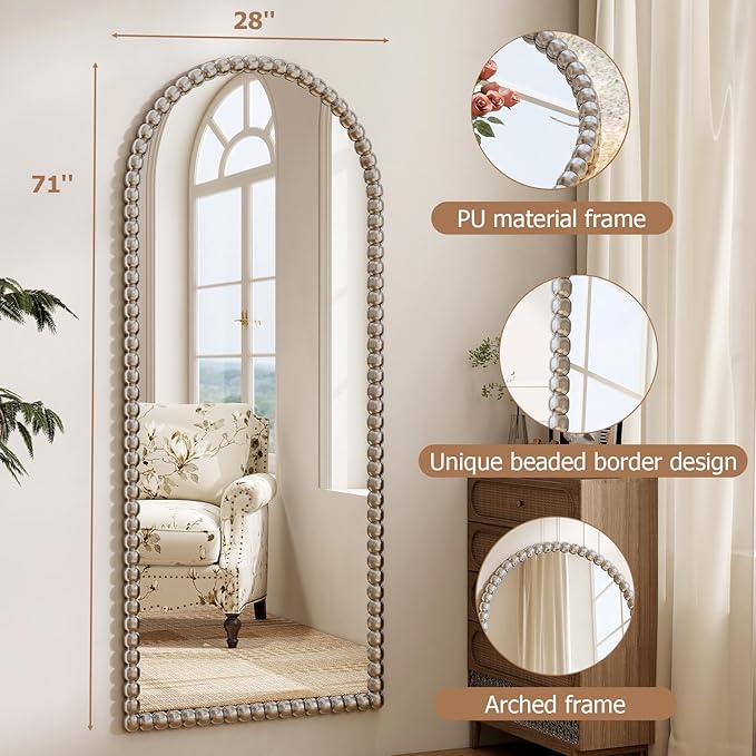 28"x71" Silver Arched Full Length Mirror, Vintage Beaded Decorative Floor Full Body Dressing Mirror as Room Decor Hanging Leaning Standing for Living Room, Bedroom, Vanity Area