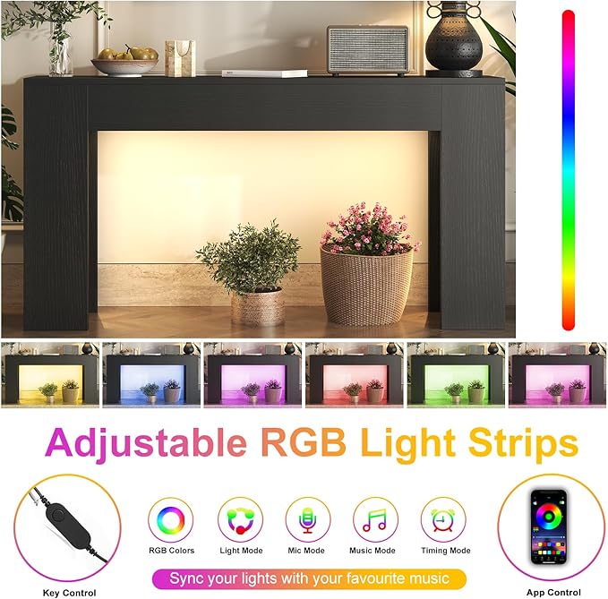 knoworld 63-Inch Long Console Table with LED Light, Farmhouse Sofa Table Behind Couch, Wooden Console Table for Entryway Hallway Entrance Living Room, Black
