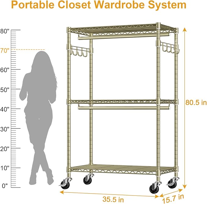 ULIFHOME P1 Rolling Clothes Rack, Portable Wardrobe Closet with Wheels, Heavy-Duty Closet Clothing Rack for Hanging Clothes, 35.5" W x 15.7" D x 80.5" H, Hold 500lbs, Gold