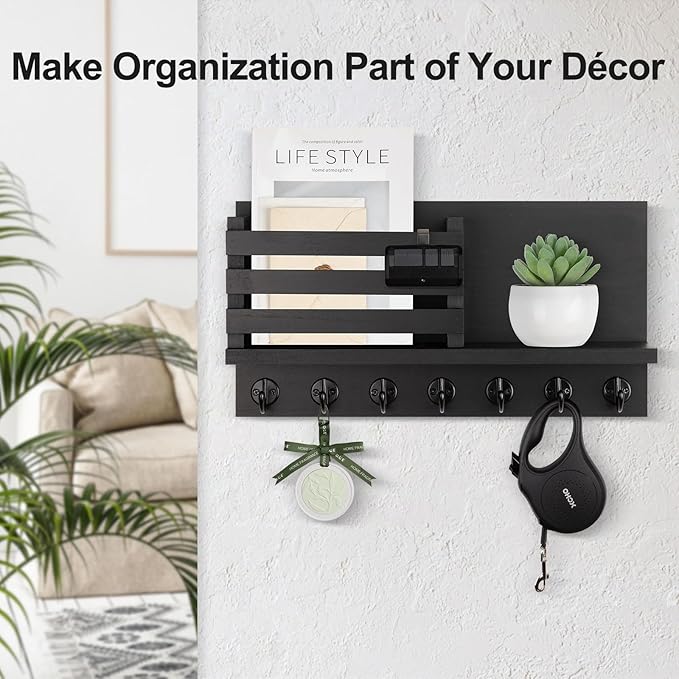Lwenki Key Holder for Wall – Decorative Wooden Mail Holder and Key Shelf with Mounting Hardware, Installation Guide – Paulownia Wood with Metal Key Hooks (Black, Extra Large - 15.6inch)