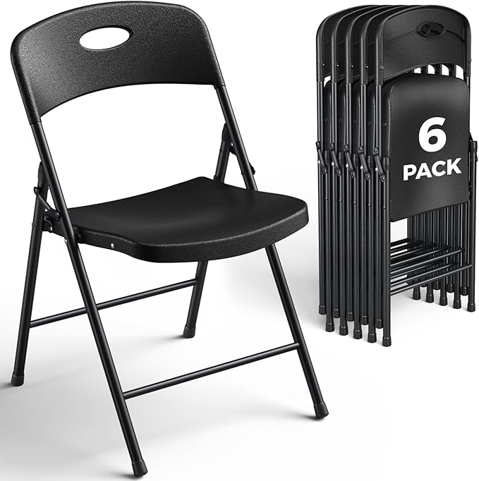 6 Pack Black Folding Chair, Plastic Portable Stackable Commercial Seats with Steel Frame 350lb, Heavy Duty Foldable Chair for Indoor and Outdoor, Patio, Office, Picnic, Kitchen, Events