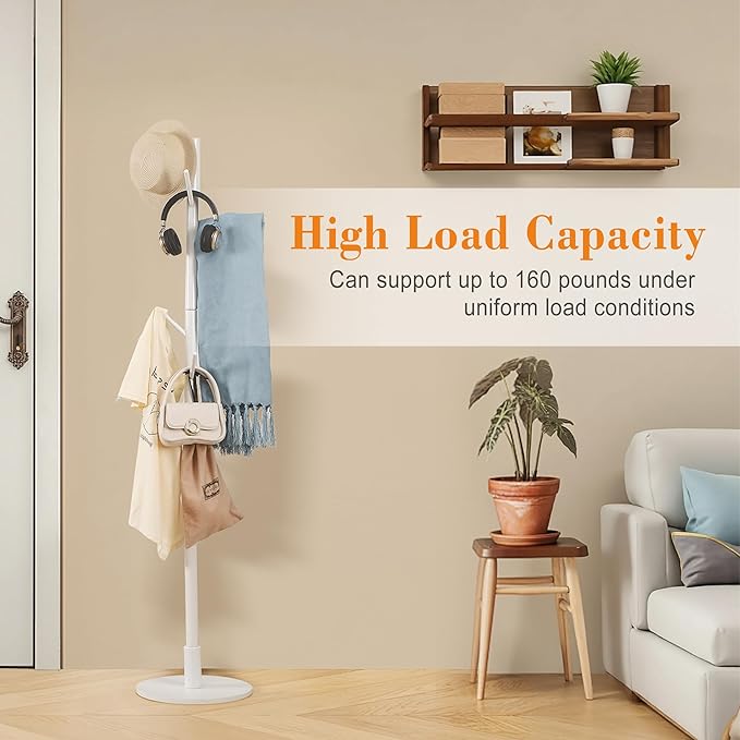 VECELO Coat Rack Freestanding, Entryway Hanger Stand, Umbrella Holder, Hall Tree With Hooks, Floor Standing Metal Tree Stand,White