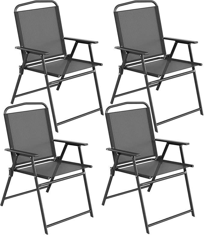 TLSUNNY Patio Folding Chairs Set of 4, Portable Dining Lawn Chairs, Outdoor Folded Furniture W/Breathable Textilene & Steel Frame, Armrests & Crossbar, All Weather for Pool, Camping (4, Black)
