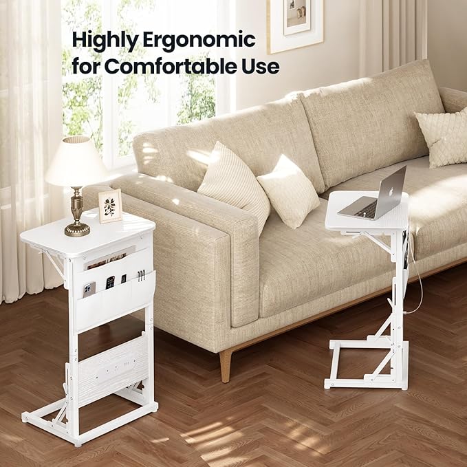 HLDIRECT C Shaped End Table with Charging Station, Couch Side Table with Storage Bag, Foldable TV Tray with 2 USB Ports and Outlets for Living Room, Bedroom, White
