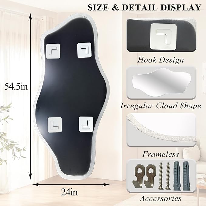 Irregular Frameless Mirror, 54.5"x24" Asymmetrical Tempered Glass Mirror, Modern Silver Organic Wall Mirrors for Living Room Bedroom Hallway Entryway, Horizontal or Vertical Hanging