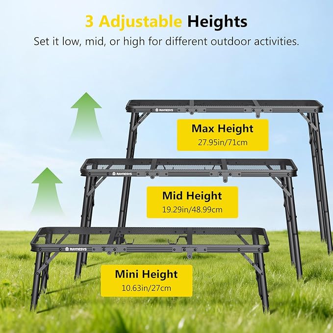 Raynesys Tri-fold Camping Table, 35.43"x15.75", Aluminum Frame Folding Tables, 3 Heights Adjustable Grill Table with Storage Bag, Portable Handle for Picnic Cooking BBQ Camping Outdoor, Black