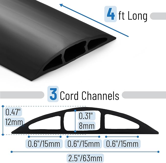 Bates- Floor Cord Cover, 4ft, Cable Cavity 0.6" (W) x 0.31" (H), Heavy Duty Wire Protector, PVC Extension Cords Hider, Protect Cords, Prevent Cable Trips, Cord Hider for Office, Home, Outdoor