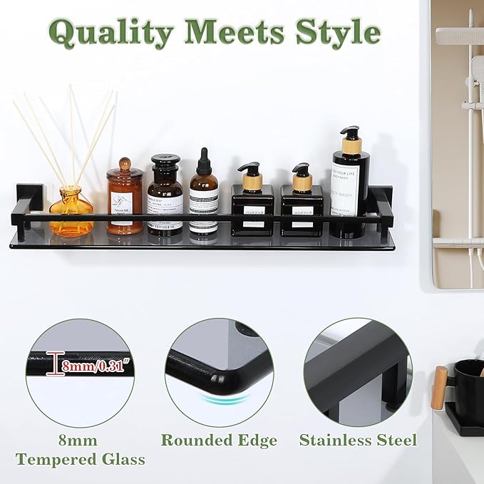 Alise Glass Bathroom Shelves Wall Mounted, 24 Inch Matte Black Tempered Floating Shelves Bathroom, Stainless Steel Bathroom Glass Shelf