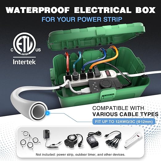 Flemoon Large Outdoor Electrical Box (12.5 x 8.5 x 5 inch), IP54 Waterproof Outdoor Extension Cord Cover Weatherproof, Protect Outlet, Plug, Socket, Timer, Power Strip,Green