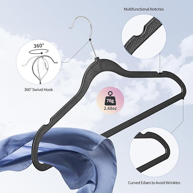 Plastic Coat Hangers 50-Pack,Non-Slip, Space Saving Closet Hangers for Dorm & Apartment - 360° Rotating, Heavy Duty, Durable (Black)