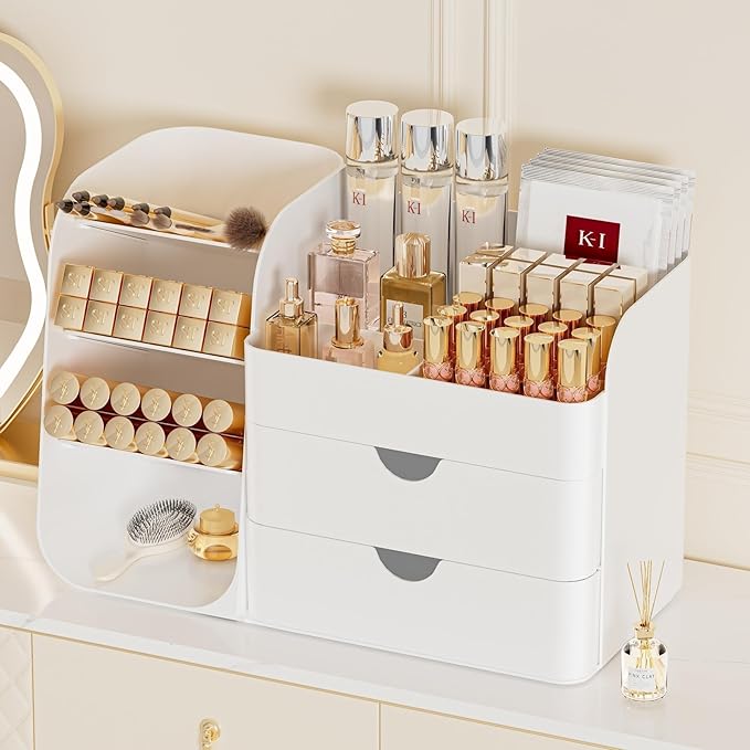 Makeup Organizer with Drawers, Large Capacity Countertop Organizer for Vanity, Bathroom and Bedroom Desk Cosmetics Organizer, Easy To Storage Skincare, Brushes, Eyeshadow, Lipstick (All Green)